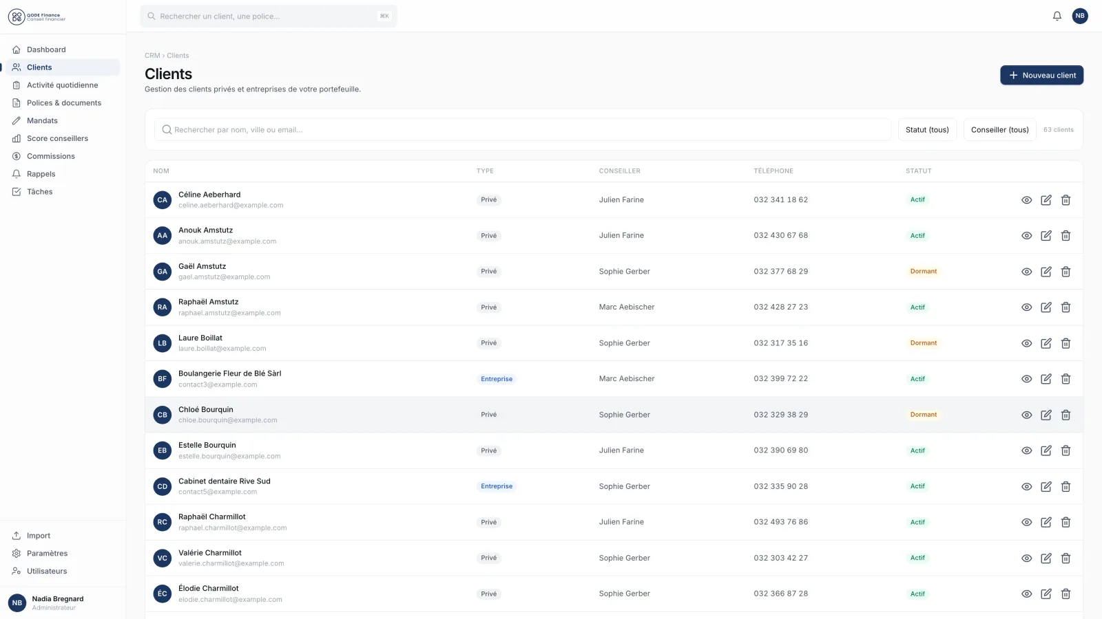 Liste des clients du CRM avec recherche, filtres par statut et par conseiller