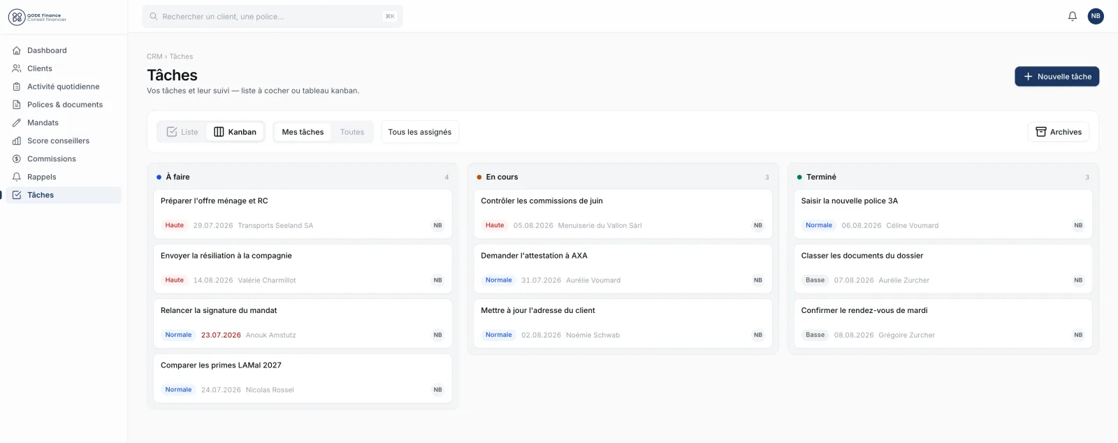 Tableau kanban des tâches du CRM avec les colonnes À faire, En cours et Terminé